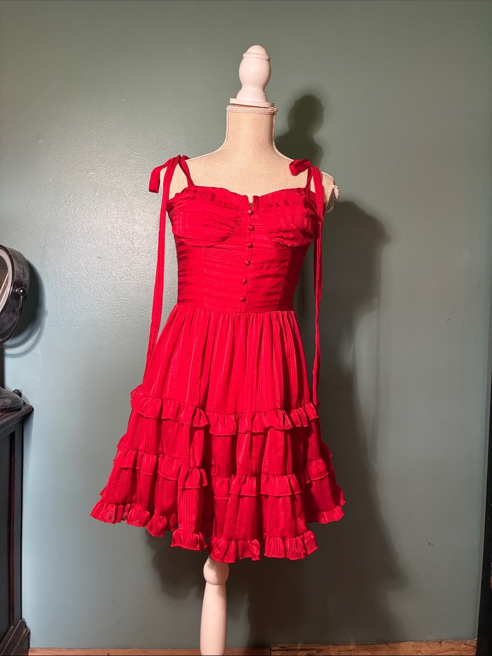 Cider Bright Red Ruffle Tie-Shoulder Mini Dress